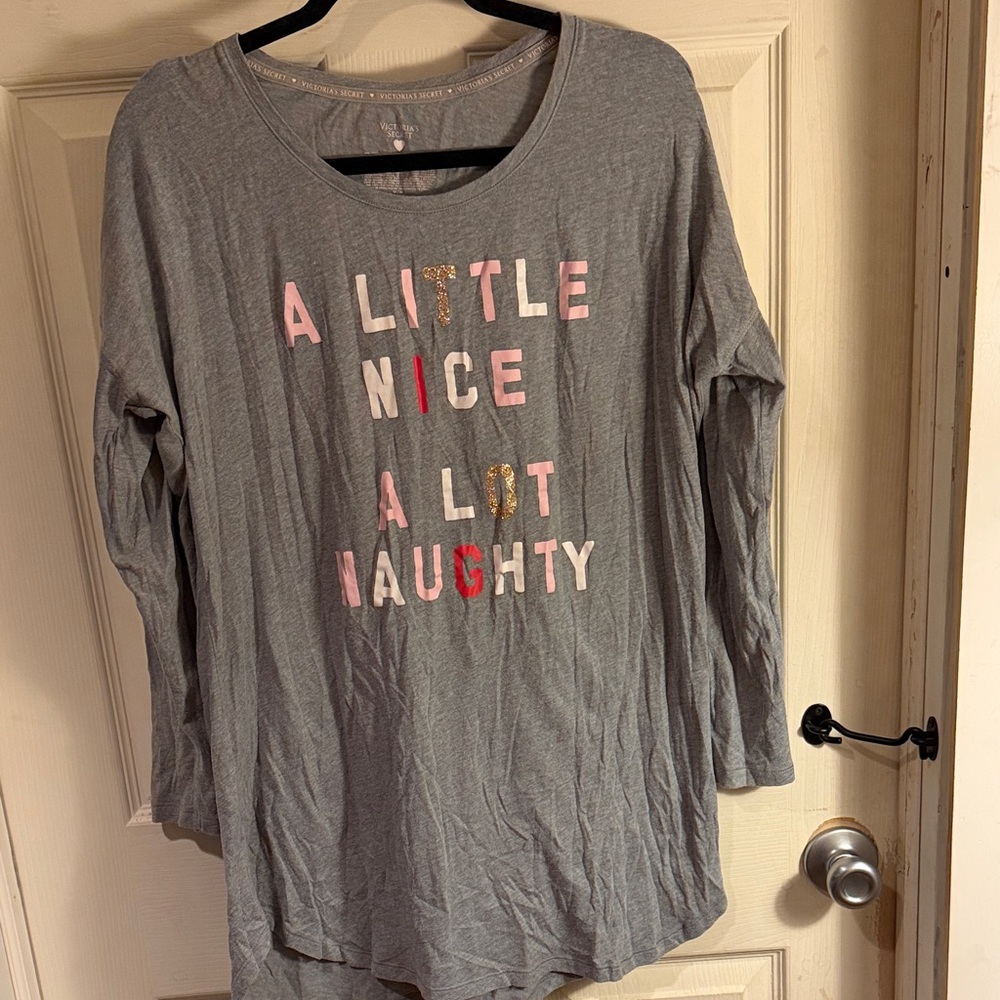 Gray Long Sleeve Sleep Shirt with Pink and Red Lettering